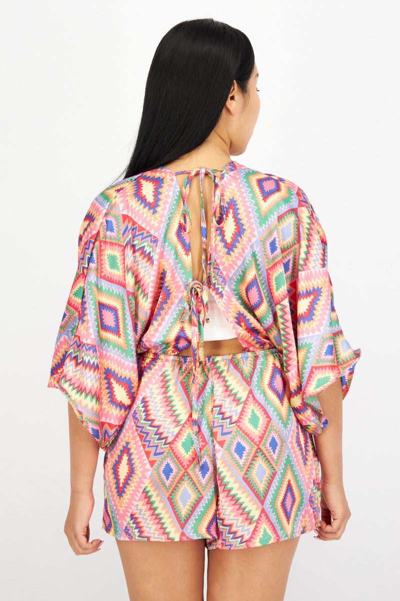Sinsay Women Geometric Print Sleeveless Playsuit, Pink Combo - Image 4