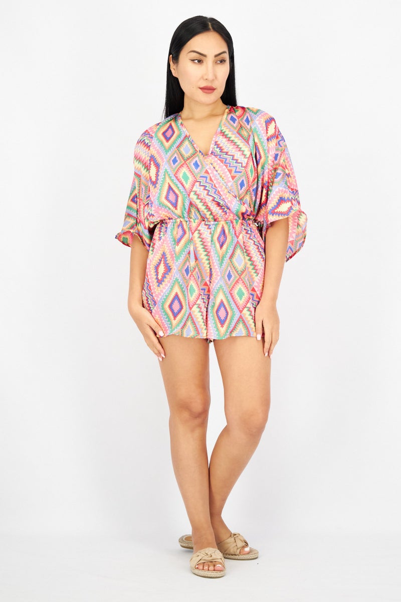 Sinsay Women Geometric Print Sleeveless Playsuit, Pink Combo - Image 2