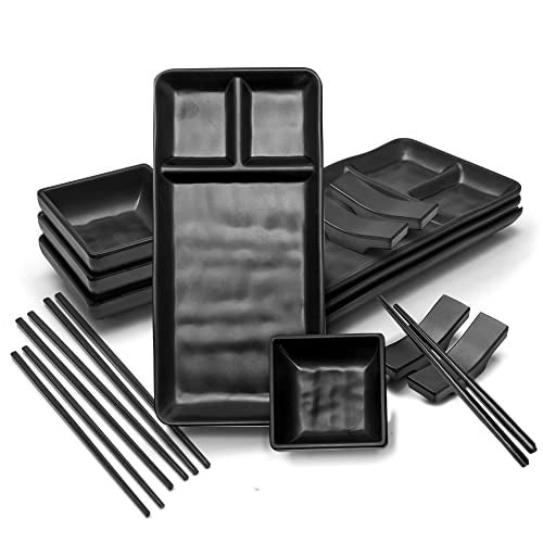 GOLIBER Sushi Serving Set, with 4 Japanese Sushi Serving Plate, 4 Soy Sauce Dish, 4 pairs of chopsticks and 4 chopsticks stands- Melamine Serving Set for Sushi (Black) - Image 1
