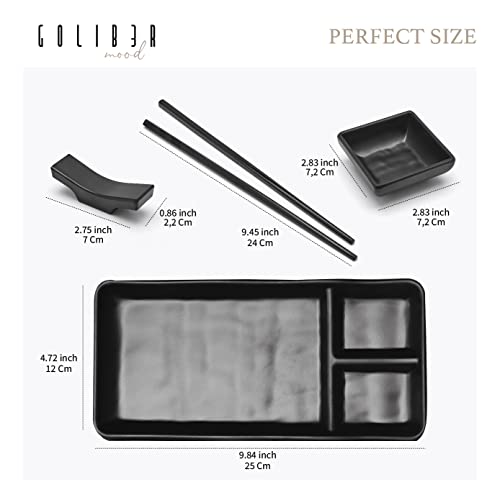 GOLIBER Sushi Serving Set, with 4 Japanese Sushi Serving Plate, 4 Soy Sauce Dish, 4 pairs of chopsticks and 4 chopsticks stands- Melamine Serving Set for Sushi (Black) - Image 2
