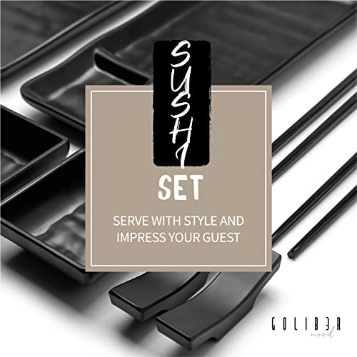 GOLIBER Sushi Serving Set, with 4 Japanese Sushi Serving Plate, 4 Soy Sauce Dish, 4 pairs of chopsticks and 4 chopsticks stands- Melamine Serving Set for Sushi (Black) - Image 4