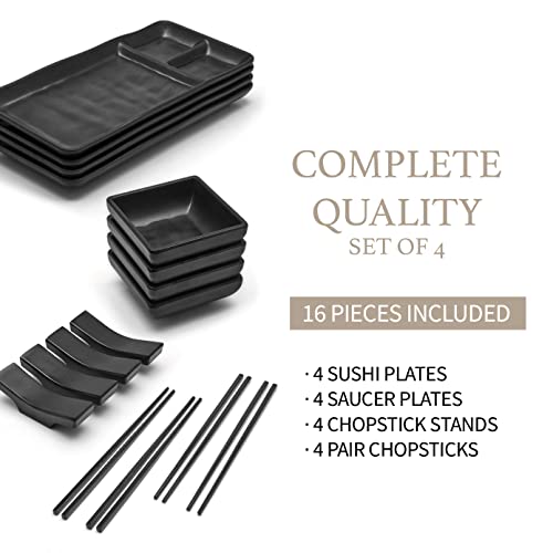 GOLIBER Sushi Serving Set, with 4 Japanese Sushi Serving Plate, 4 Soy Sauce Dish, 4 pairs of chopsticks and 4 chopsticks stands- Melamine Serving Set for Sushi (Black) - Image 3