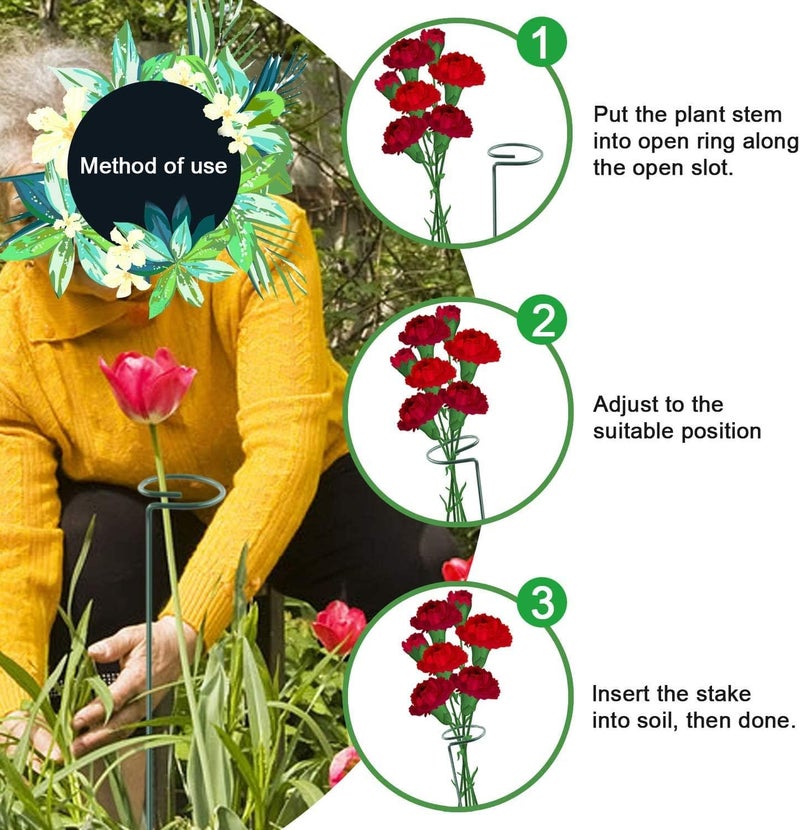 HiGift 5 Pack Plant Support Stakes, Garden Single Stem Flower Support Stick Metal Amaryllis Plant Cage Support Rings with 10pcs Plant Clips for Orchid Lily Peony Rose Stem (40 cm/16 inch Long) - Image 4
