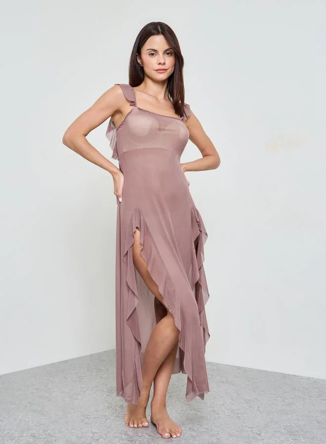 Take Two Coffee Brown Solid Ruffled Trims Mesh Babydoll