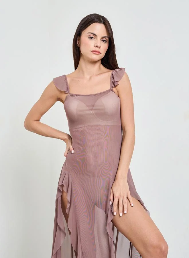 Take Two Coffee Brown Solid Ruffled Trims Mesh Babydoll
