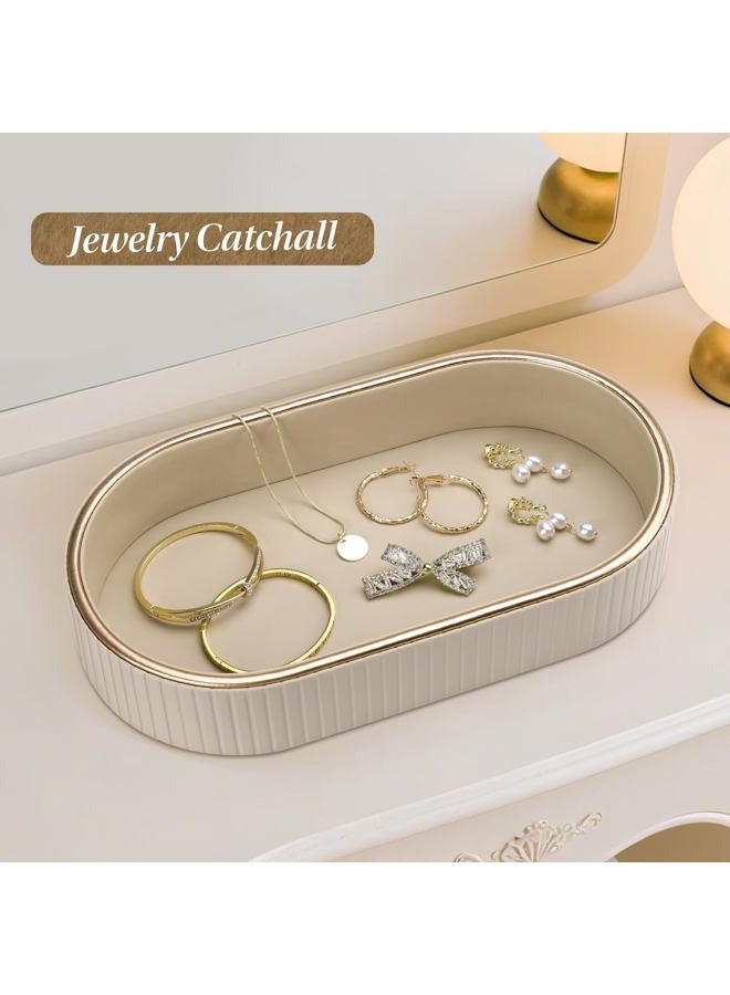 GORESE PU Leather Perfume Tray Nightstand Organizer, Small Oval Desk Tray Jewelry Trinket Trays Valet Organizer Key Bowl for Entryway Dresser Bathroom, Catchall Trays for Men Women, 11×5.9 in, Beige - Image 4