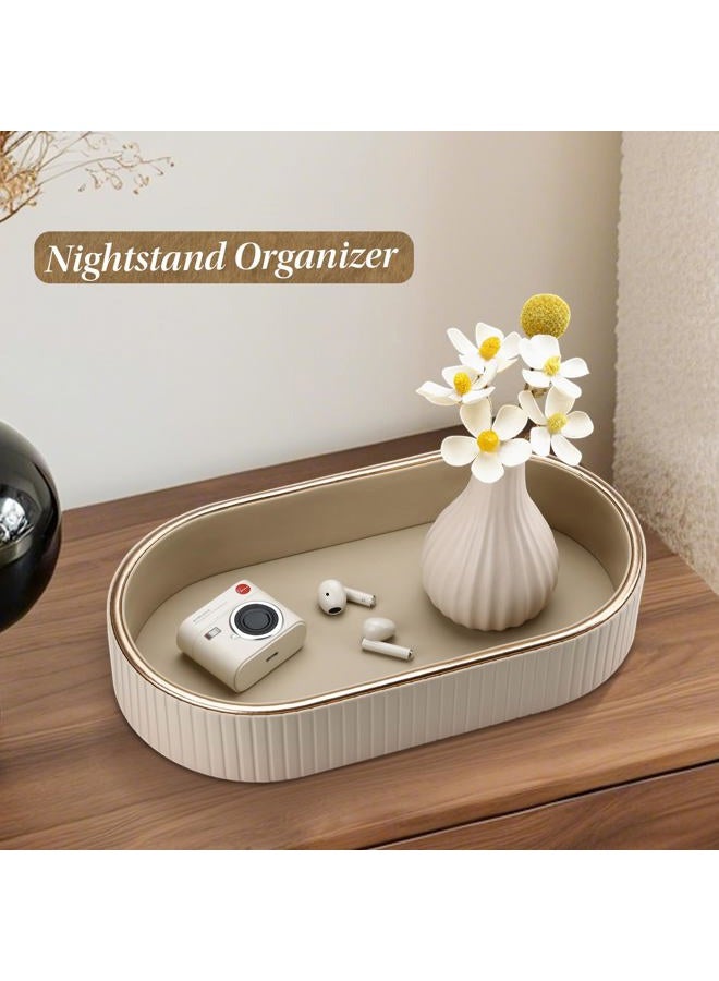 GORESE PU Leather Perfume Tray Nightstand Organizer, Small Oval Desk Tray Jewelry Trinket Trays Valet Organizer Key Bowl for Entryway Dresser Bathroom, Catchall Trays for Men Women, 11×5.9 in, Beige - Image 3