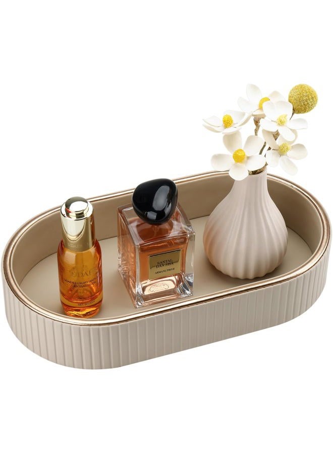 GORESE PU Leather Perfume Tray Nightstand Organizer, Small Oval Desk Tray Jewelry Trinket Trays Valet Organizer Key Bowl for Entryway Dresser Bathroom, Catchall Trays for Men Women, 11×5.9 in, Beige - Image 1