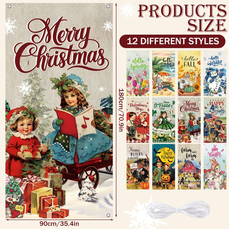 Breling 12 Pcs Seasonal Door Cover Decorations for Front Door Holidays Interchangeable Large Photography Background Banner Porch Sign for Spring Irish Easter Home Office Party Supplies(Retro) - Image 2