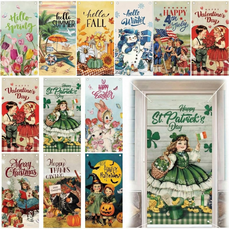 Breling 12 Pcs Seasonal Door Cover Decorations for Front Door Holidays Interchangeable Large Photography Background Banner Porch Sign for Spring Irish Easter Home Office Party Supplies(Retro) - Image 1