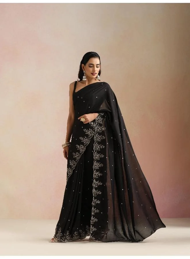 ترو برونز ساري أسود مطرز بالزاري بالكامل من  مع بلوزة غير مخيطة