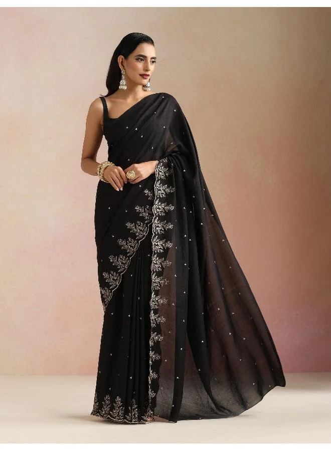 trueBrowns Black All Over Zari Embroidered Saree With Unstitched Blouse