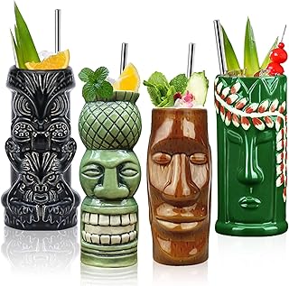 LINALL Tiki Mugs Cocktail Set of 4 - Large Ceramic Hawaiian Party Mugs Drinkware, Cute Exotic Cocktail Glasses, Tiki - Image 1