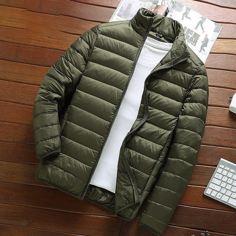 Brand Handle Autumn and Winter Light Down Cotton-padded Jacket Mens Short Vertical Collar Hooded Middle-aged and Elderly Light Thin Broken Coat F88 Army Green stand collar 
