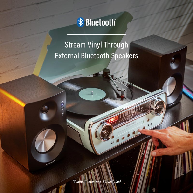 Crosley كروسلي CR6047A-AB باول 7 في 1 مشغل أسطوانات فينيل بلوتوث داخلي/خارجي مع راديو AM/FM، مشغل أقراص مضغوطة، ومدخل AUX، أزرق مائي - Image 4