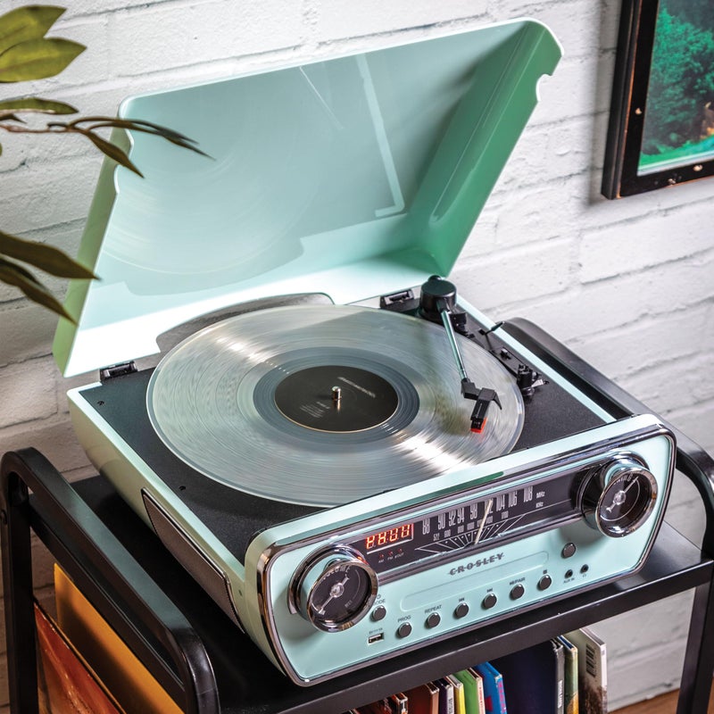 Crosley كروسلي CR6047A-AB باول 7 في 1 مشغل أسطوانات فينيل بلوتوث داخلي/خارجي مع راديو AM/FM، مشغل أقراص مضغوطة، ومدخل AUX، أزرق مائي - Image 5