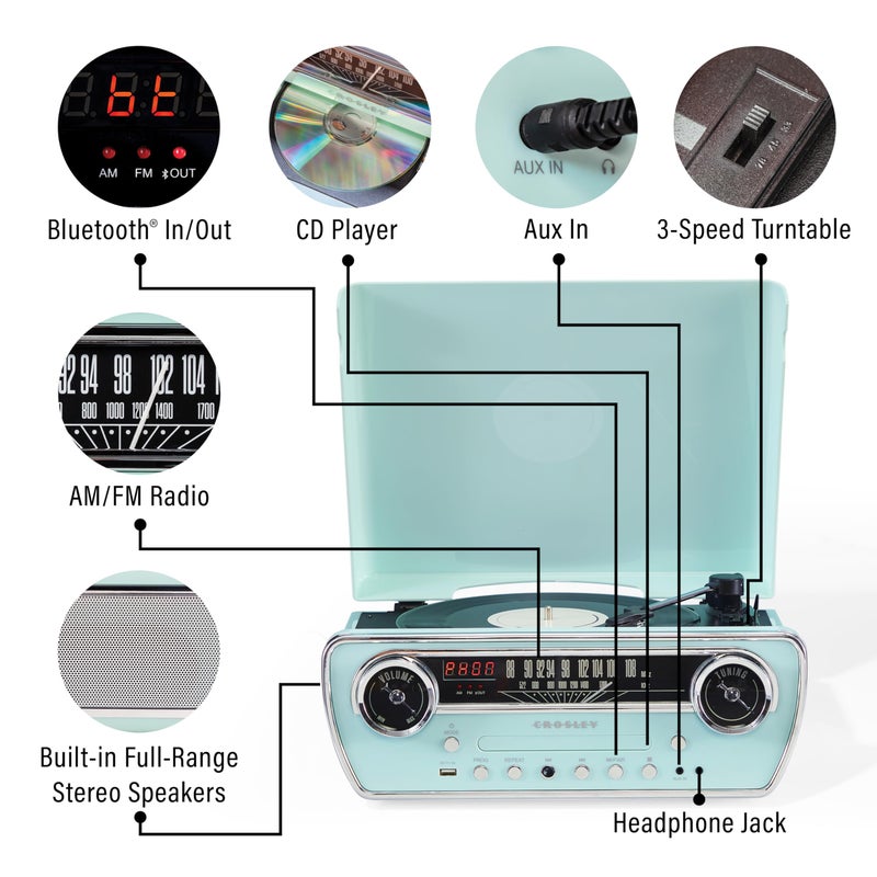 Crosley كروسلي CR6047A-AB باول 7 في 1 مشغل أسطوانات فينيل بلوتوث داخلي/خارجي مع راديو AM/FM، مشغل أقراص مضغوطة، ومدخل AUX، أزرق مائي - Image 2