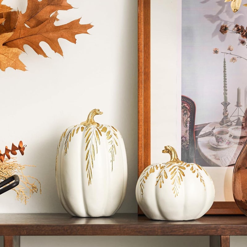 DN DECONATION Fall Pumpkin Decor, 2 PCS Resin Thanksgiving Fake Pumpkin Figurines, White Pumpkins for Decorating with Carved Gold Leaves for Home, Farmhouse, Harvest Autumn Table Centerpiece - Image 2