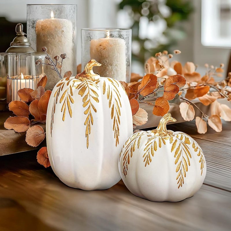 DN DECONATION Fall Pumpkin Decor, 2 PCS Resin Thanksgiving Fake Pumpkin Figurines, White Pumpkins for Decorating with Carved Gold Leaves for Home, Farmhouse, Harvest Autumn Table Centerpiece - Image 5