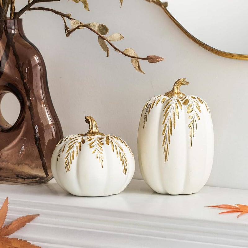 DN DECONATION Fall Pumpkin Decor, 2 PCS Resin Thanksgiving Fake Pumpkin Figurines, White Pumpkins for Decorating with Carved Gold Leaves for Home, Farmhouse, Harvest Autumn Table Centerpiece - Image 1