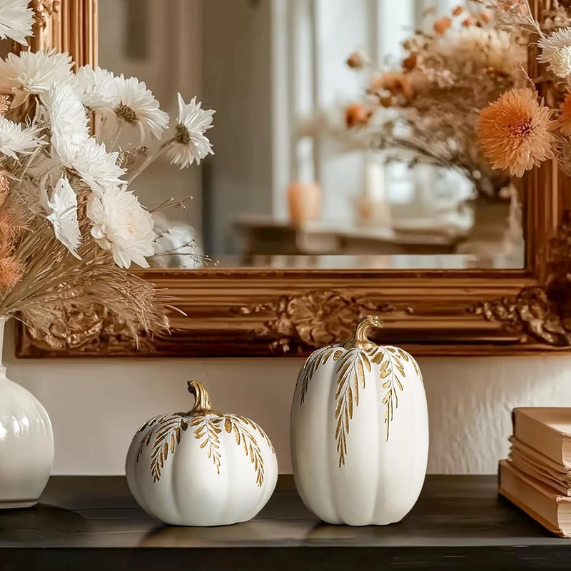 DN DECONATION Fall Pumpkin Decor, 2 PCS Resin Thanksgiving Fake Pumpkin Figurines, White Pumpkins for Decorating with Carved Gold Leaves for Home, Farmhouse, Harvest Autumn Table Centerpiece - Image 4