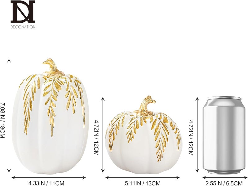 DN DECONATION Fall Pumpkin Decor, 2 PCS Resin Thanksgiving Fake Pumpkin Figurines, White Pumpkins for Decorating with Carved Gold Leaves for Home, Farmhouse, Harvest Autumn Table Centerpiece - Image 3
