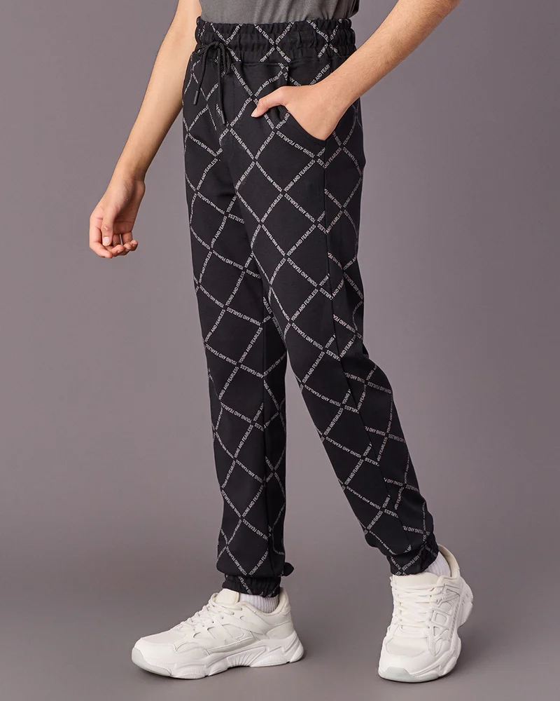 Redtag Senior Boys Black Printed Track Pants