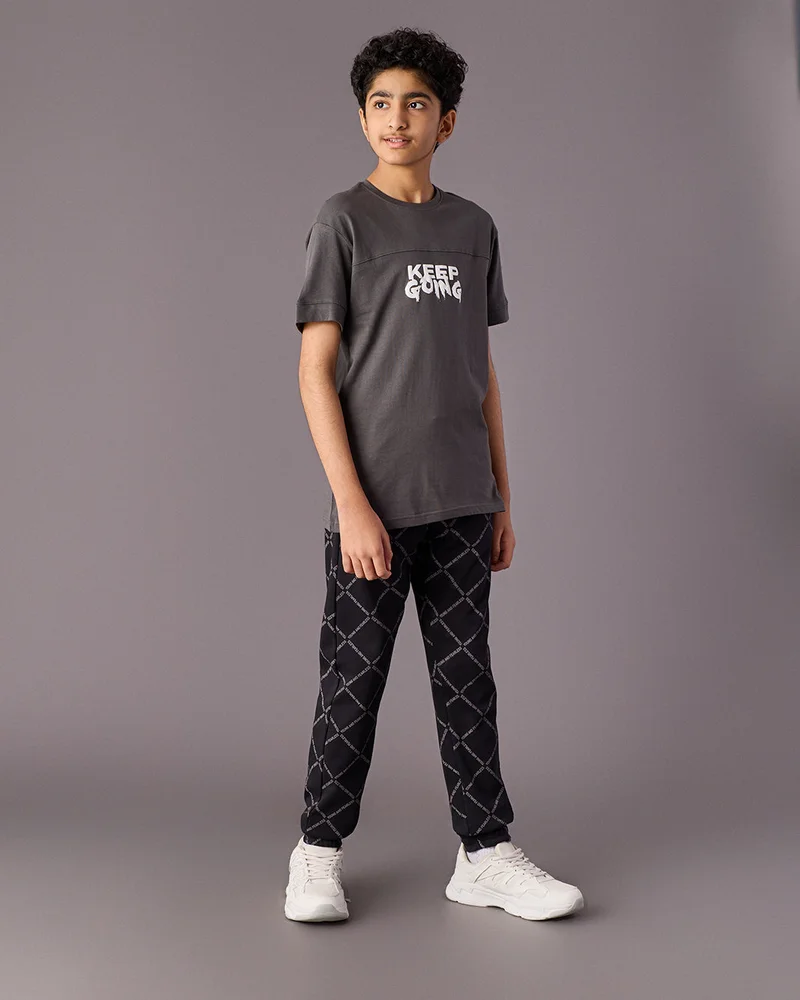 Redtag Senior Boys Black Printed Track Pants