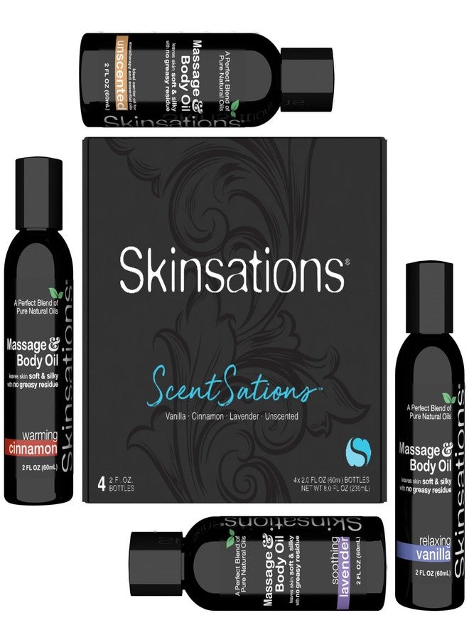 Skinsations - Massage Oil Kit (Set of 4, 2oz Each) – Travel-Size Variety Set with Vanilla, Cinnamon, Lavender & Unscented | Lightweight, Non-Greasy Oils for Relaxation, Gifting & Discovery - Image 1