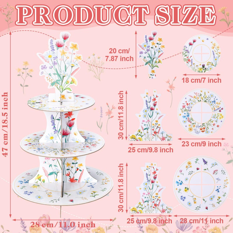 Willinglong 1 Piece Wildflowers Cupcake Stand Party Decorations 3 Tier Floral Cardboard Cupcake Tower Flower Theme Cake Holder for Baby Shower Birthday Supplies - Image 2