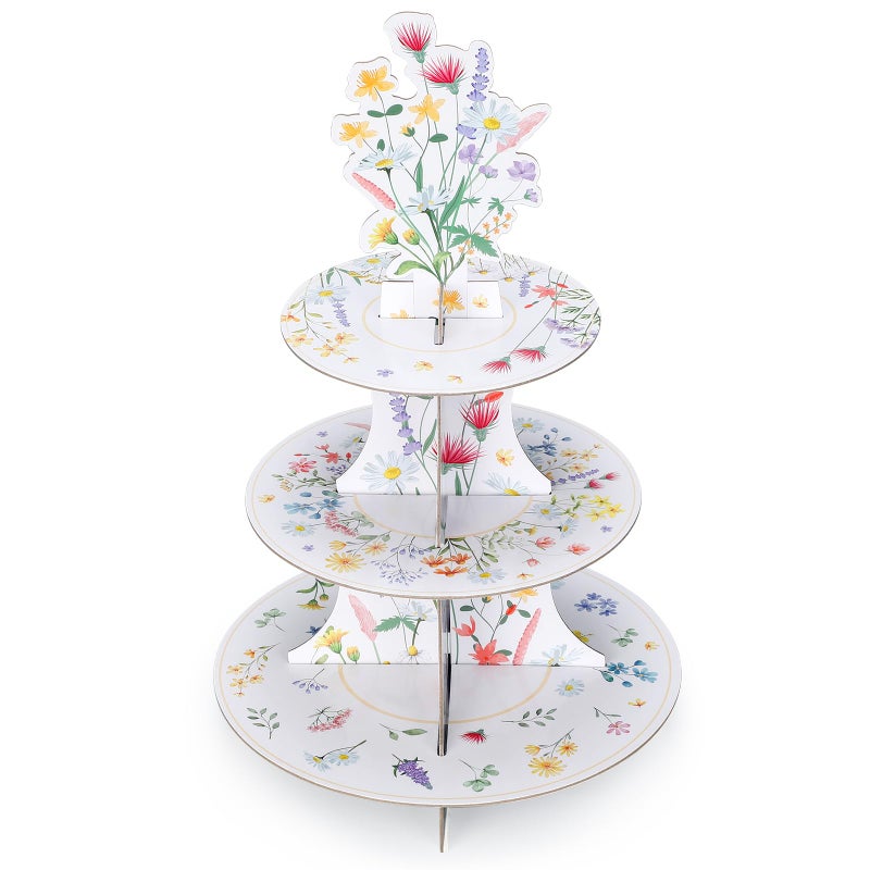 Willinglong 1 Piece Wildflowers Cupcake Stand Party Decorations 3 Tier Floral Cardboard Cupcake Tower Flower Theme Cake Holder for Baby Shower Birthday Supplies - Image 1