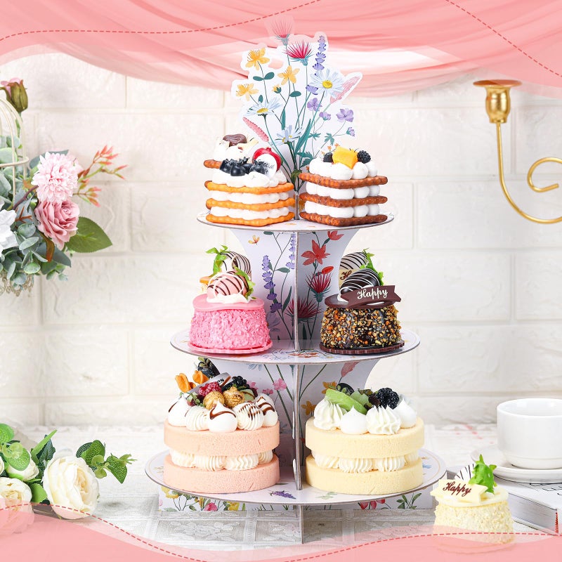 Willinglong 1 Piece Wildflowers Cupcake Stand Party Decorations 3 Tier Floral Cardboard Cupcake Tower Flower Theme Cake Holder for Baby Shower Birthday Supplies - Image 4