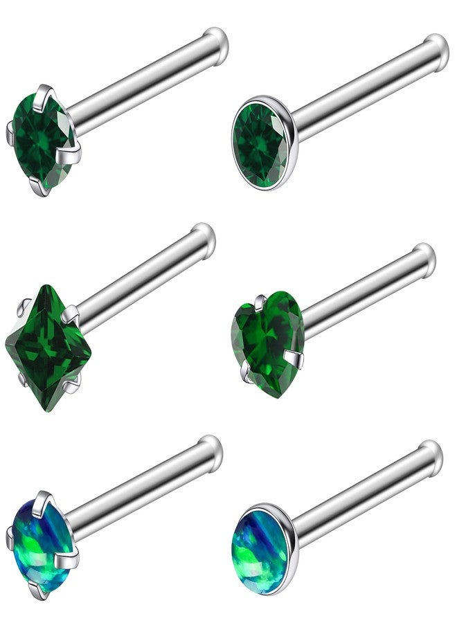 Ruifan ASTM F136 Titanium Nose Rings 18G Green Heart Square Cubic Zirconia Opal Nose Studs Ring Straight Bone Hypoallergenic Body Piercing Jewelry for Women 3mm 6PCS - Image 1