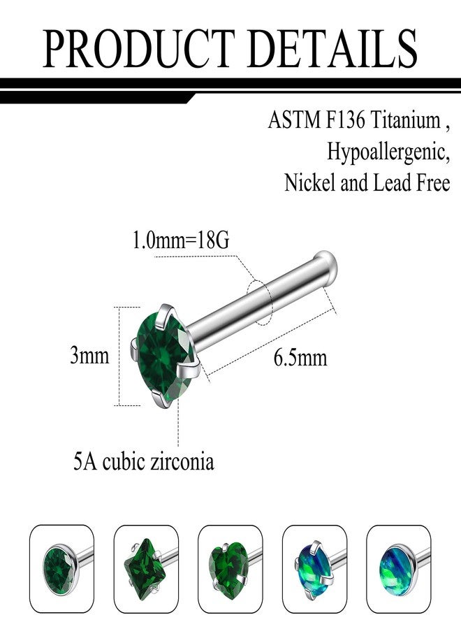 Ruifan ASTM F136 Titanium Nose Rings 18G Green Heart Square Cubic Zirconia Opal Nose Studs Ring Straight Bone Hypoallergenic Body Piercing Jewelry for Women 3mm 6PCS - Image 2