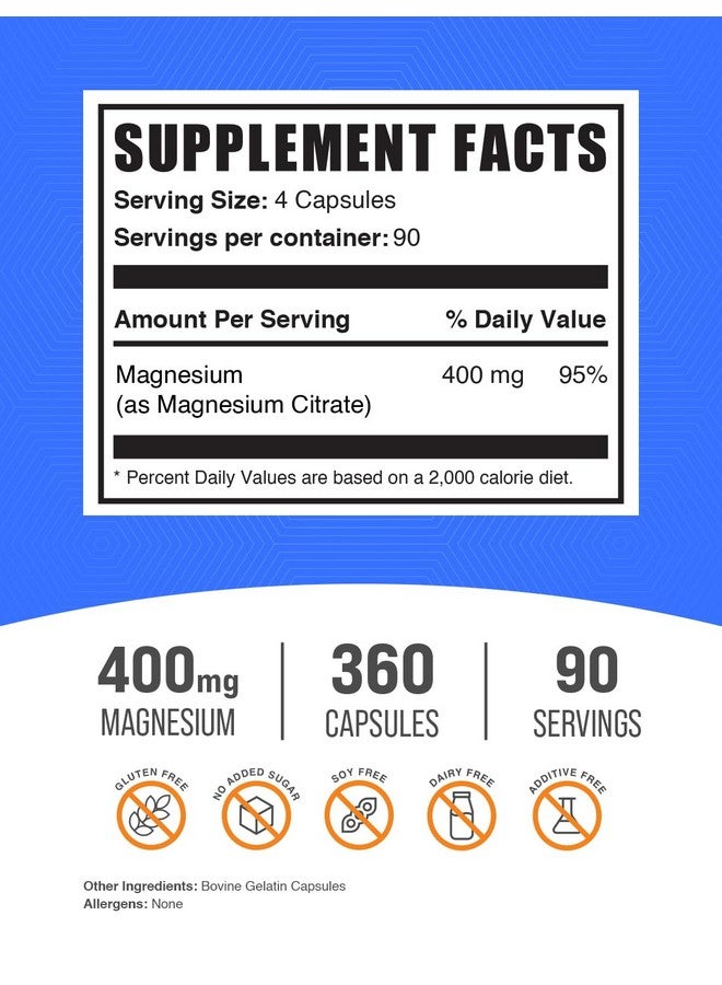 BulkSupplements.com Magnesium Citrate Capsules - Magnesium Supplement, Magnesium Citrate 400mg - Gluten Free, 4 Capsules per Serving, 360 Count (Pack of 1) - Image 2