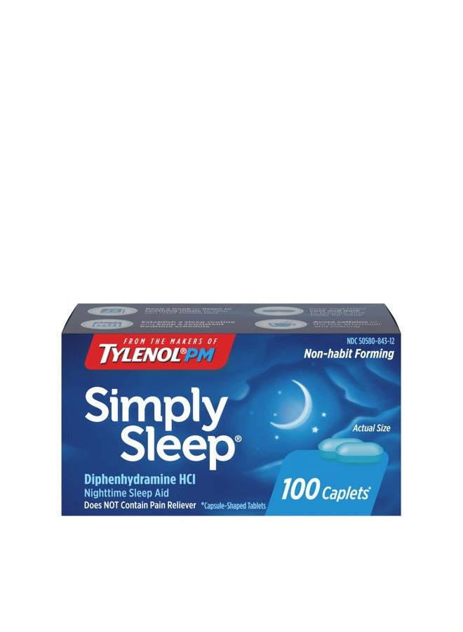 Tylenol حبوب مساعدة النوم الليلية Simply Sleep، 25 ملغ ديفينهيدرامين HCl، مساعدة نوم غير مسبب للإدمان للبالغين، 100 حبة - Image 1