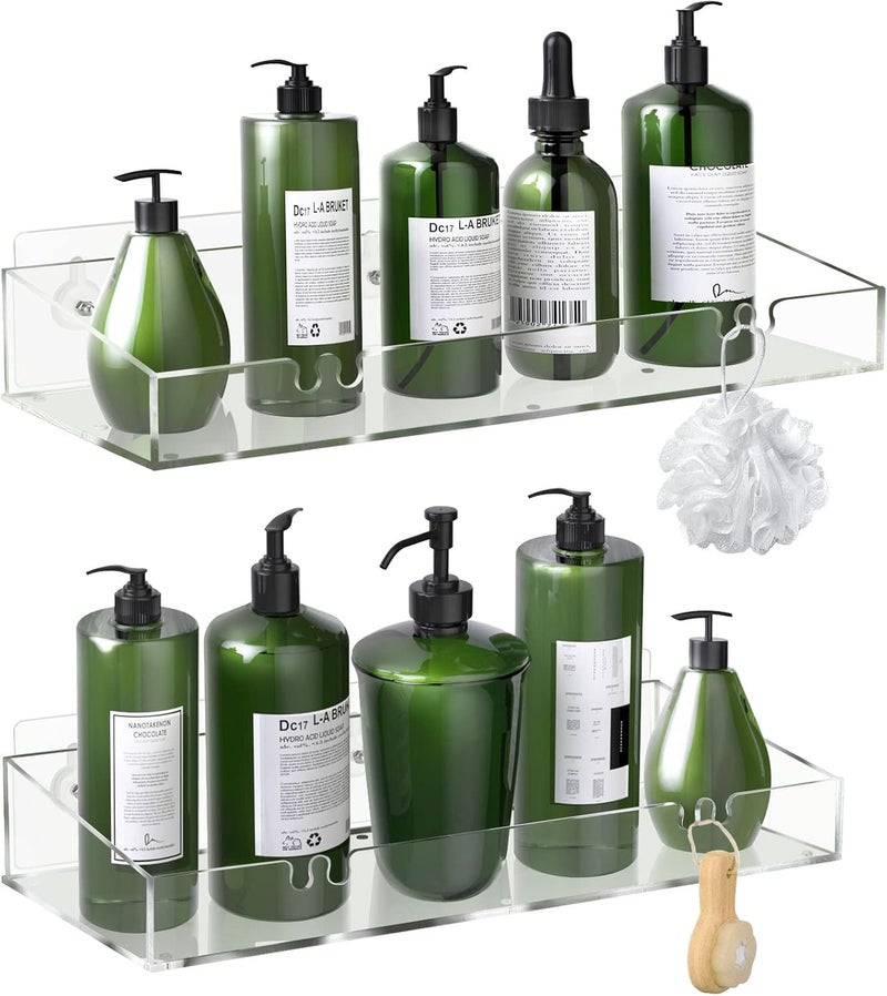 Durmmur 2-Pack Acrylic Clear Shower Shelves, Adhesive Bathroom Shower Caddy Organizer, Transparent No Drilling Wall Floating Shelves for Storage & Display - Image 1