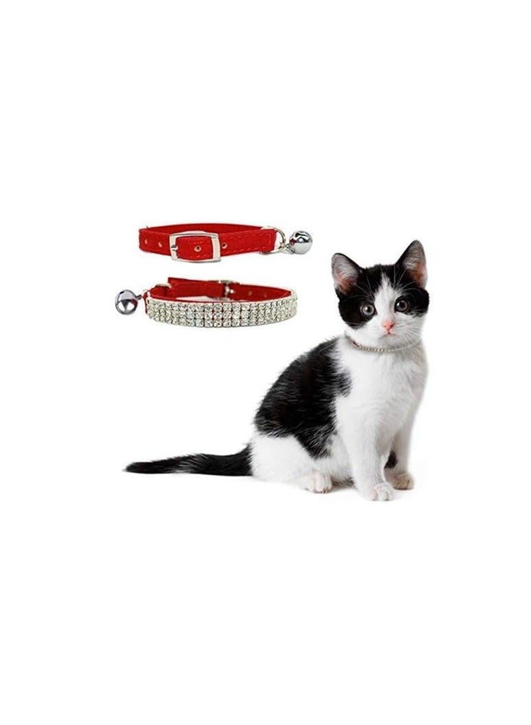 Cat collar with diamonds, rhinestones, adjustable elastic pet collar, cat and dog collar, small pet necklace, jewelry, small dog collar with bell, rhinestones, and velvet, red collar - Image 2