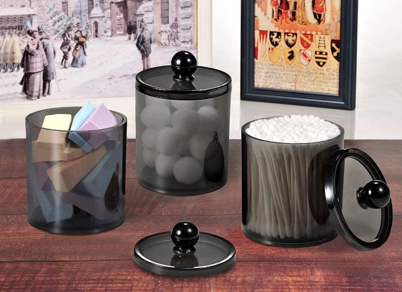 SARVANGAH SARVANGAH Plastic Acrylic Bathroom Vanity Countertop Canister Jars with Storage Lid Apothecary Jars Qtip Holder Makeup Organizer for Cotton BallsSwabsPadsBath Salts Black Pack of 2  - Image 3