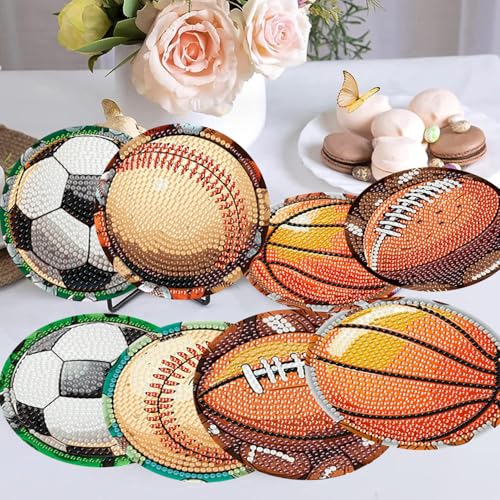 Meothan 8 Pcs Football Diamond Art Coasters Kits for Adults with Holder Cork Pads, Basketball Baseball Rugby Diamond Dots Art Painting Coasters Crafts Kit for Home Office Decor (4x4in) - Image 2
