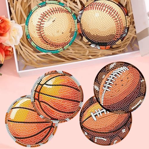 Meothan 8 Pcs Football Diamond Art Coasters Kits for Adults with Holder Cork Pads, Basketball Baseball Rugby Diamond Dots Art Painting Coasters Crafts Kit for Home Office Decor (4x4in) - Image 4