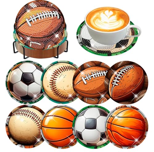 Meothan 8 Pcs Football Diamond Art Coasters Kits for Adults with Holder Cork Pads, Basketball Baseball Rugby Diamond Dots Art Painting Coasters Crafts Kit for Home Office Decor (4x4in) - Image 1