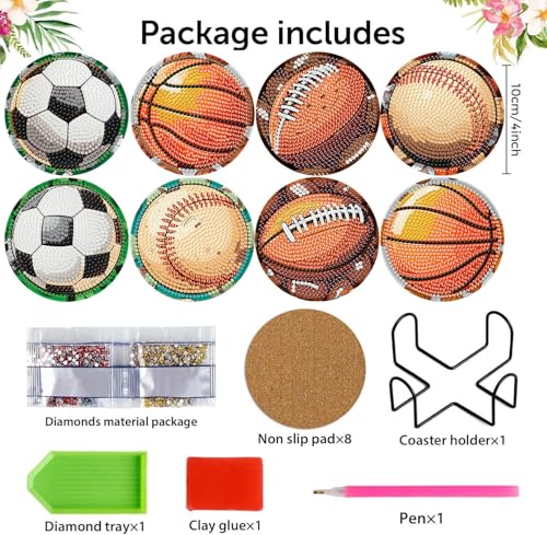 Meothan 8 Pcs Football Diamond Art Coasters Kits for Adults with Holder Cork Pads, Basketball Baseball Rugby Diamond Dots Art Painting Coasters Crafts Kit for Home Office Decor (4x4in) - Image 3