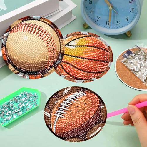 Meothan 8 Pcs Football Diamond Art Coasters Kits for Adults with Holder Cork Pads, Basketball Baseball Rugby Diamond Dots Art Painting Coasters Crafts Kit for Home Office Decor (4x4in) - Image 5