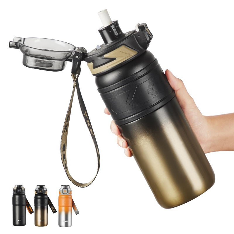 TKK 24 oz Insulated Water Bottle with Straw Leak Proof Stainless Steel Double Wall Vacuum Bottles with Strap Reusable Metal Sports Water Bottle for Hot Cold Drinks Dishwasher Safe Black Gold