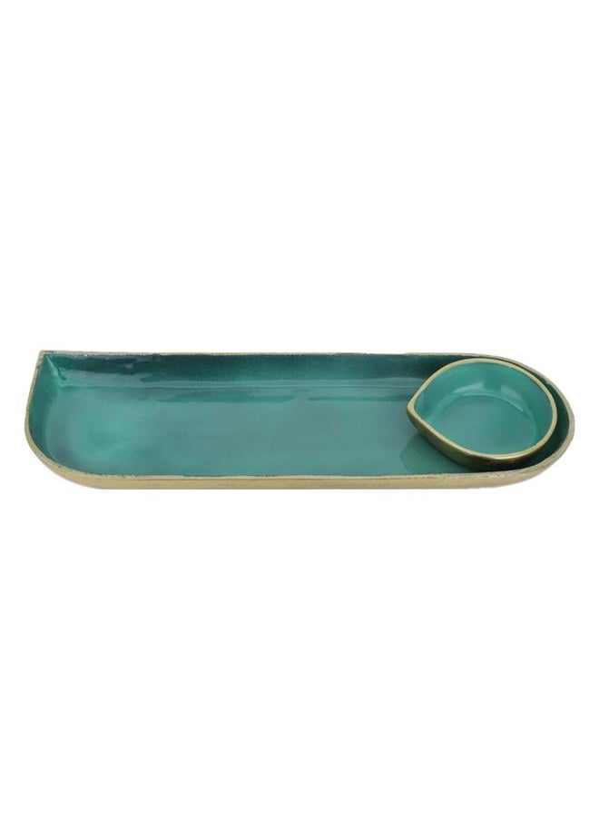 Alsaif Porcelain Serving Plate 38 X 13 X 3 Cm With A Small Bowl Green  - Image 1