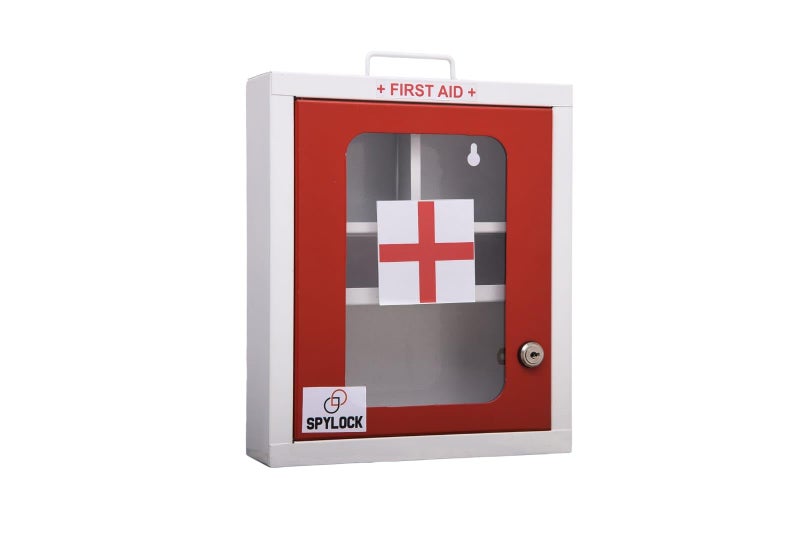 SPYLOCK Large Metal First Aid Box – Wall Mountable Emergency Medical Kit with Multi-Partition Storage, Transparent Acrylic Front, Rust-Resistant GI Sheet, Red Color, Handle Carry Design - Image 1