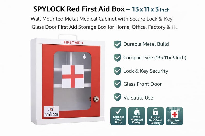 SPYLOCK Large Metal First Aid Box – Wall Mountable Emergency Medical Kit with Multi-Partition Storage, Transparent Acrylic Front, Rust-Resistant GI Sheet, Red Color, Handle Carry Design - Image 2