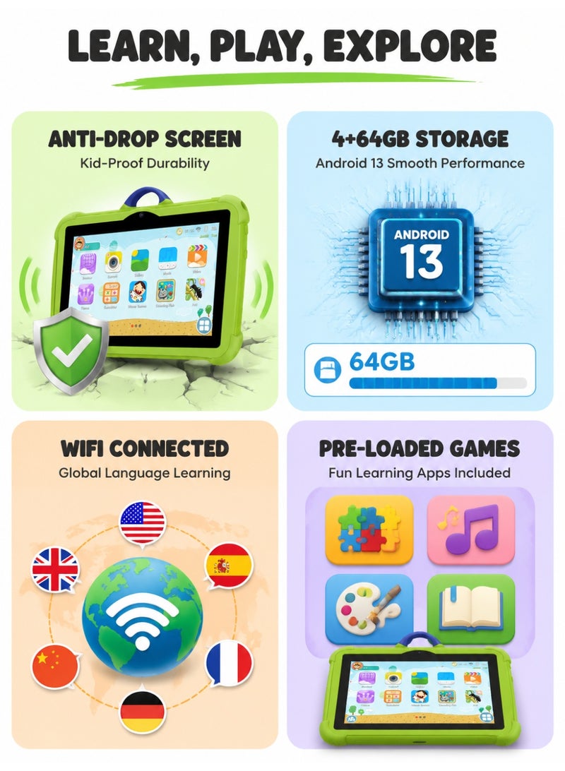 جودي بلاي joudiplay جهاز تعلم ذكي للأطفال، 4+64GB واي فاي، تعليم منزلي مبكر تفاعلي حماية العين، لون أخضر، تغليف صندوق هدية - Image 4