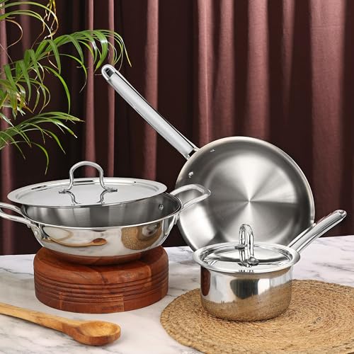 BOWLS  MORE Bowls & More | Tri-Ply Stainless Steel 5 Pcs Cookware Set - 24 cm Wide Kadai (2.2 L) with Lid | 16 cm Saucepan (1.2 L) with Lid | 22 cm Frypan (1.0 L) | Induction/Flame Safe | Brushed Finish (Silver) - Image 1